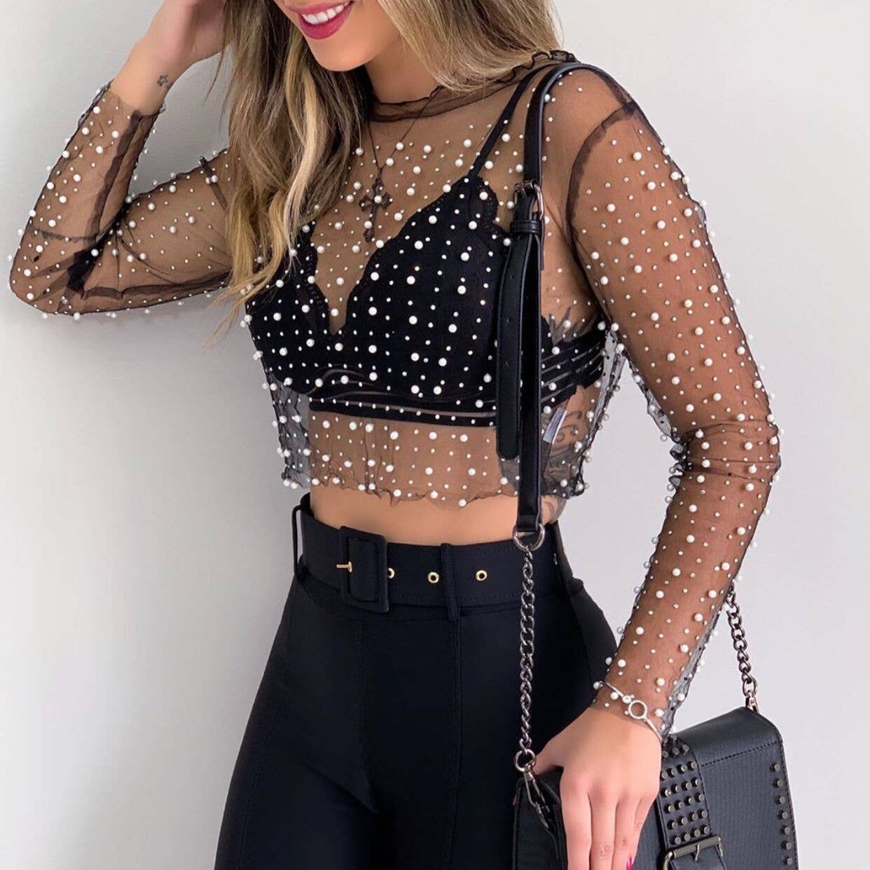 Pearl Rhinestone Studded See Through Mesh Crop Top SKT1976