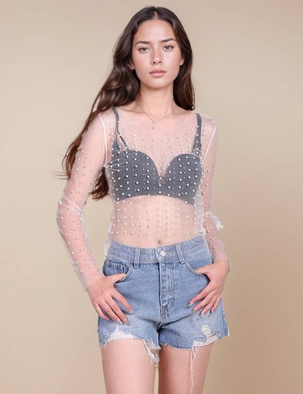 Pearl Rhinestone Studded See Through Mesh Crop Top SKT1976