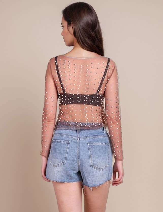 Pearl Rhinestone Studded See Through Mesh Crop Top SKT1976
