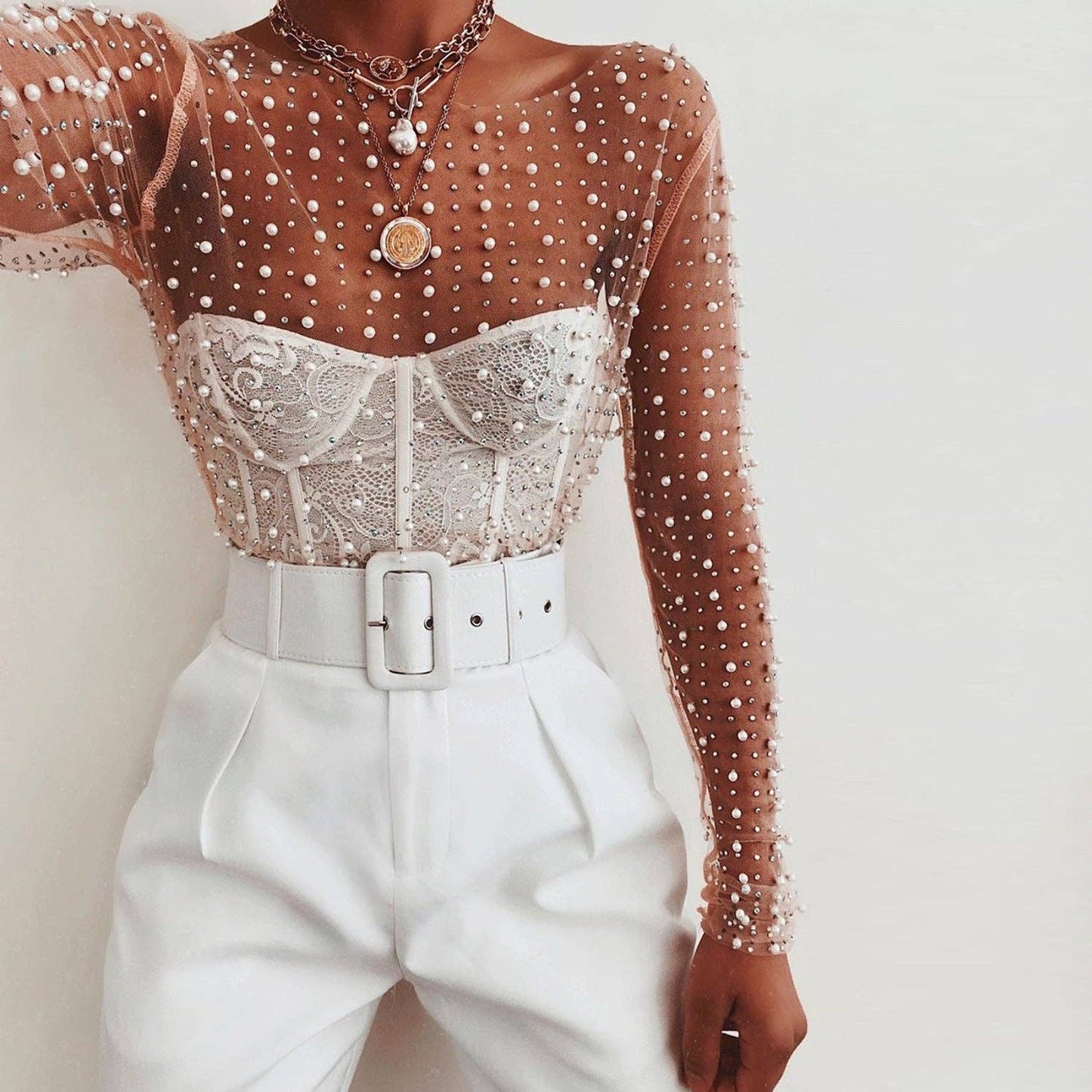 Pearl Rhinestone Studded See Through Mesh Crop Top SKT1976