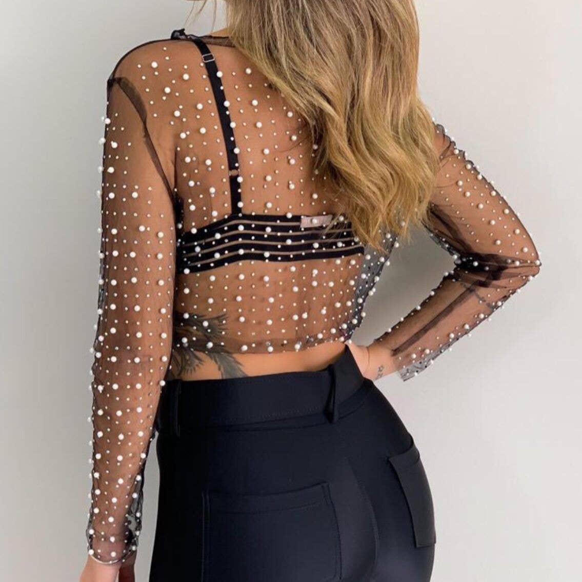 Pearl Rhinestone Studded See Through Mesh Crop Top SKT1976