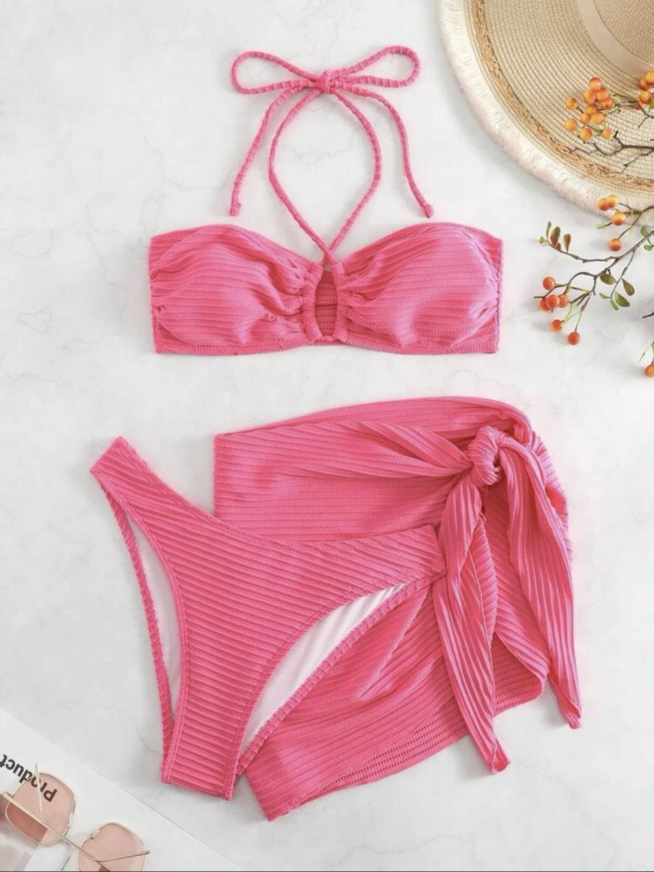 Halterneck Bikini Skirt Swimsuit Three-Piece Set