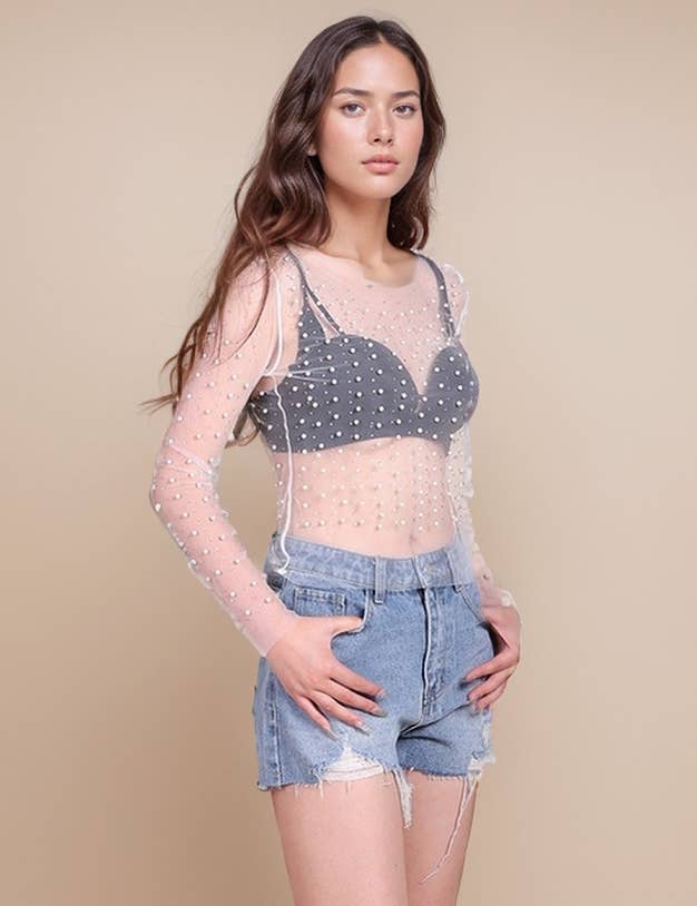 Pearl Rhinestone Studded See Through Mesh Crop Top SKT1976