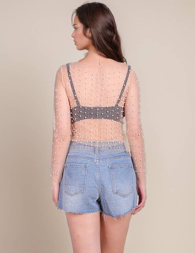 Pearl Rhinestone Studded See Through Mesh Crop Top SKT1976