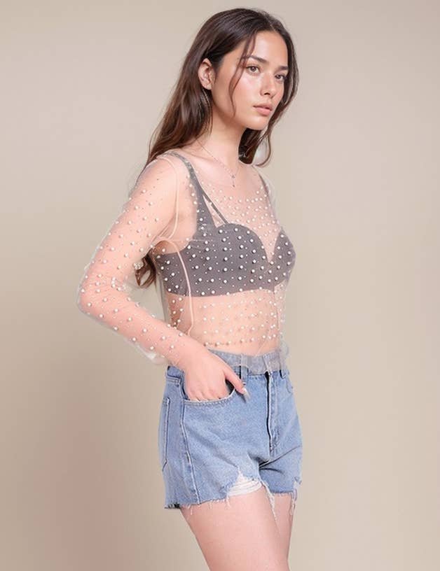 Pearl Rhinestone Studded See Through Mesh Crop Top SKT1976