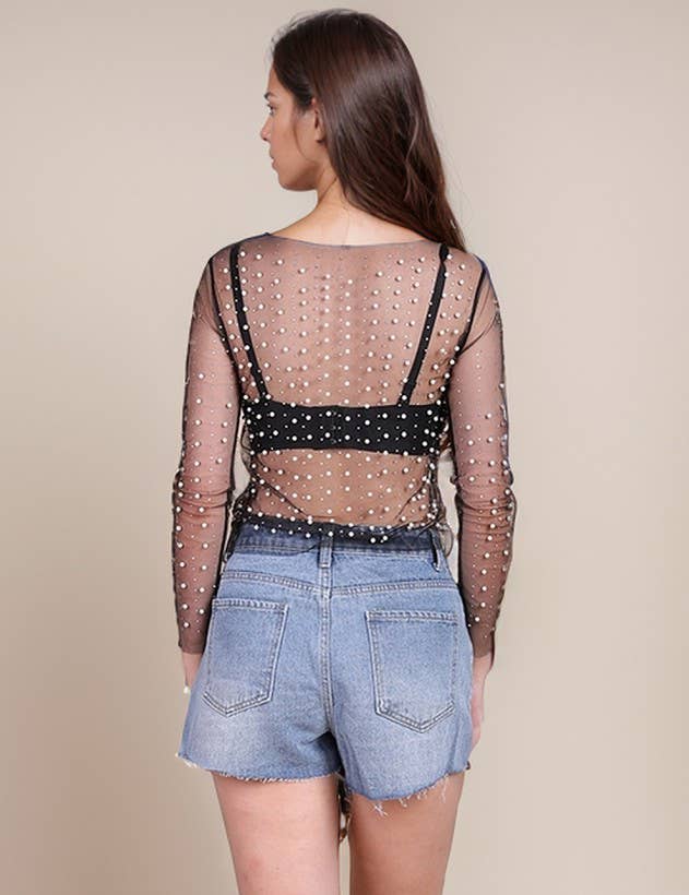 Pearl Rhinestone Studded See Through Mesh Crop Top SKT1976