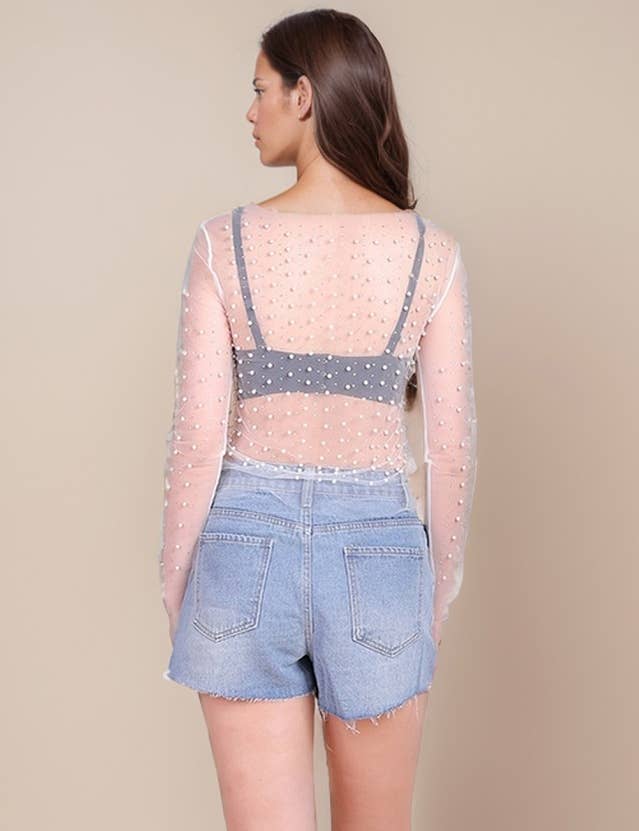 Pearl Rhinestone Studded See Through Mesh Crop Top SKT1976