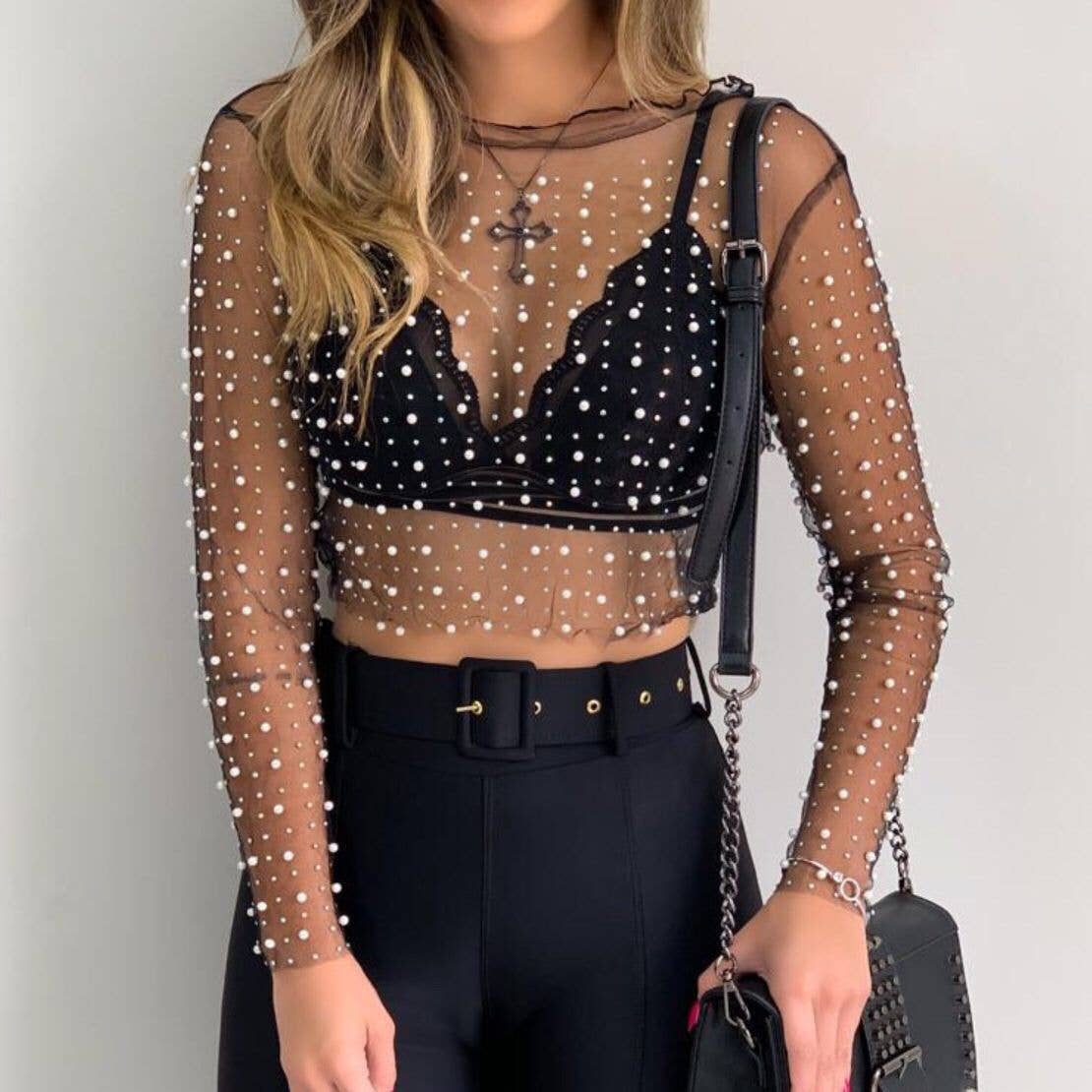 Pearl Rhinestone Studded See Through Mesh Crop Top SKT1976