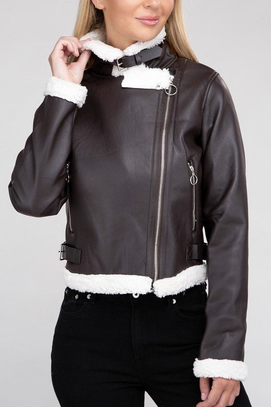 Plush Teddy Trimmed PU Jacket - Docias boutique