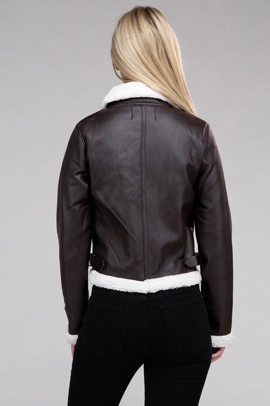 Plush Teddy Trimmed PU Jacket - Docias boutique