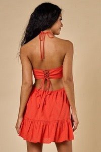 Swiss Dot Halter Cut Out Lace Up Back Mini Dress - Docias boutique
