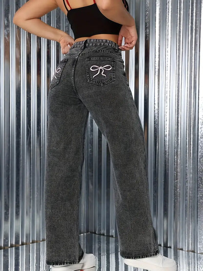 High Waisted Bow Accent Denim Pants