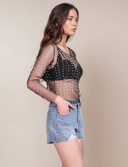 Pearl Rhinestone Studded See Through Mesh Crop Top SKT1976