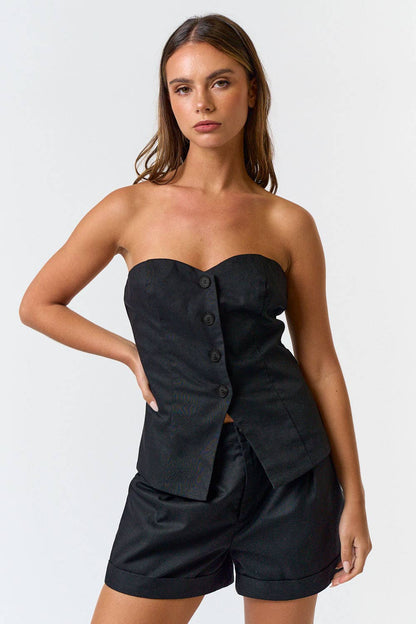 LINEN BUTTON DOWN TUBE TOP AND ROLL UP SHORTS SET