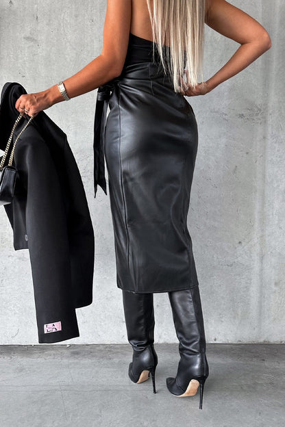 Split Belted Pu Leather Midi Skirt