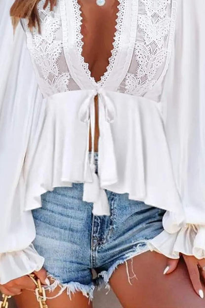 Carly Tied Lace Patch Lantern Sleeve Top