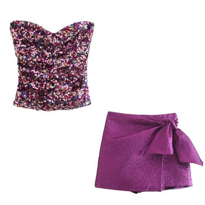 Ladies Sequin Strapless Top And Skort Set