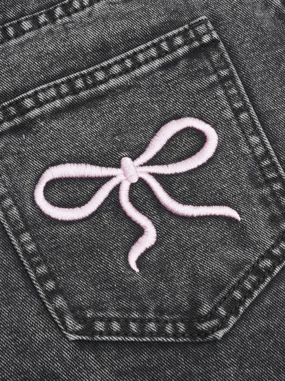 High Waisted Bow Accent Denim Pants
