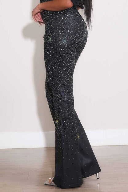 Iridescent Rhinestone Bootcut Coated Pants