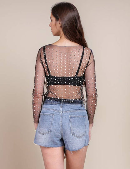 Pearl Rhinestone Studded See Through Mesh Crop Top SKT1976