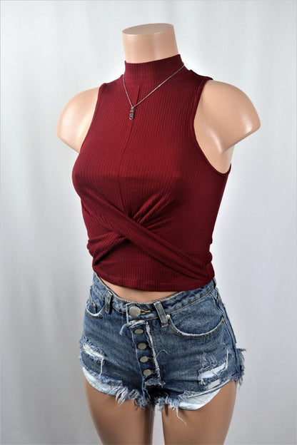 Mock Neck Twist Front Crop Top