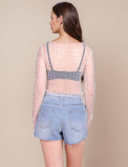 Pearl Rhinestone Studded See Through Mesh Crop Top SKT1976