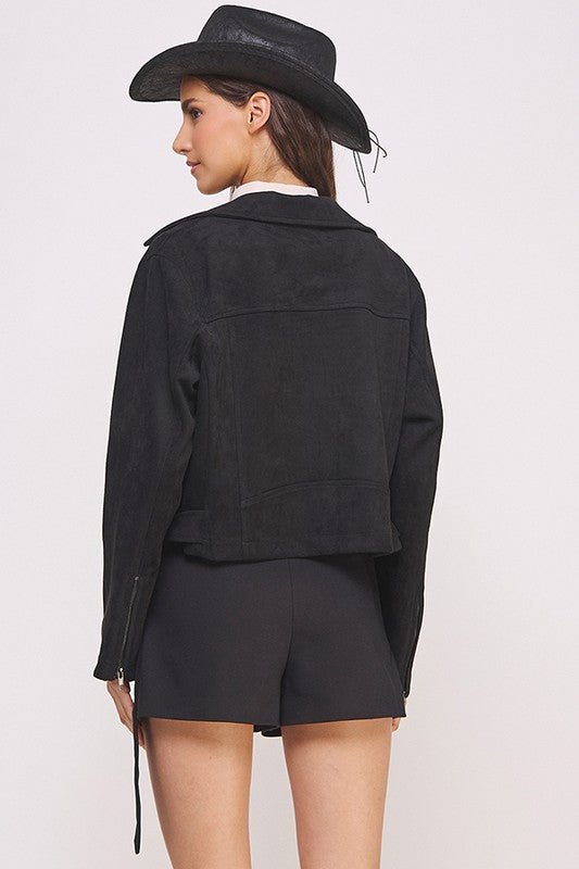 BELTED LONG SLEEVE ZIPPERED SUEDE MOTO JACKET - Docias boutique