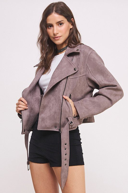 BELTED LONG SLEEVE ZIPPERED SUEDE MOTO JACKET - Docias boutique