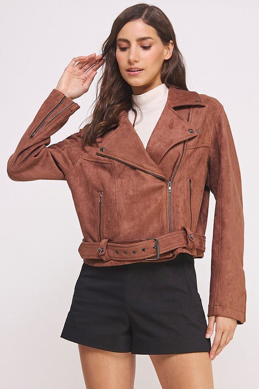 BELTED LONG SLEEVE ZIPPERED SUEDE MOTO JACKET - Docias boutique