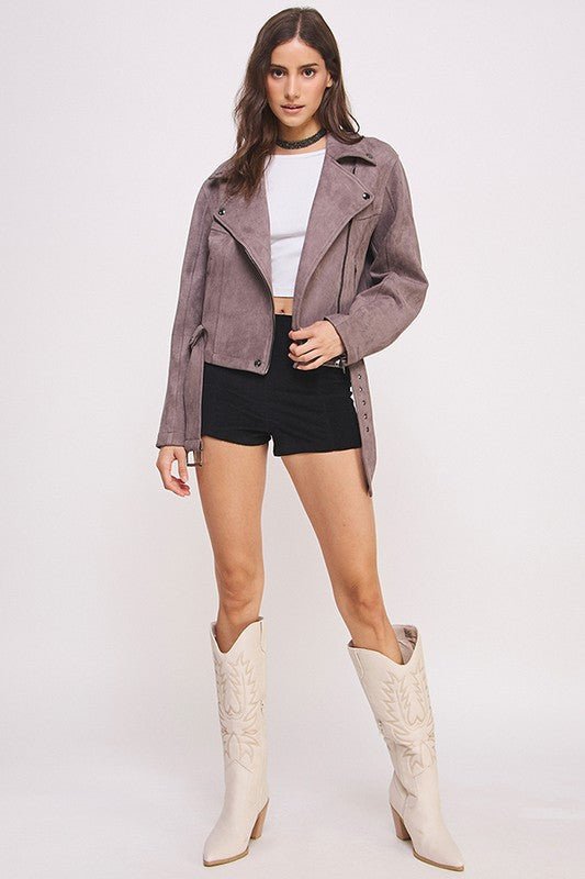BELTED LONG SLEEVE ZIPPERED SUEDE MOTO JACKET - Docias boutique