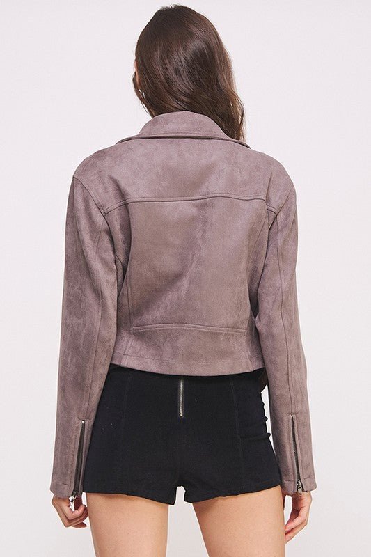 BELTED LONG SLEEVE ZIPPERED SUEDE MOTO JACKET - Docias boutique