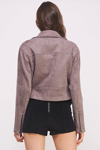 BELTED LONG SLEEVE ZIPPERED SUEDE MOTO JACKET - Docias boutique