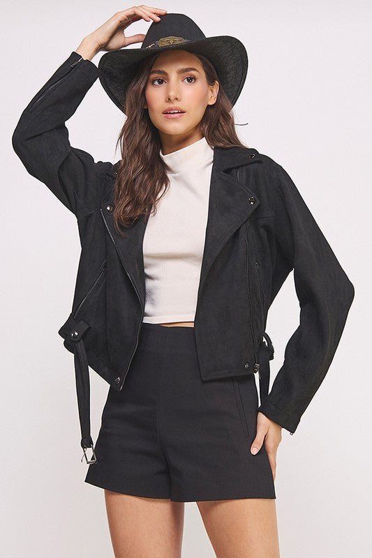BELTED LONG SLEEVE ZIPPERED SUEDE MOTO JACKET - Docias boutique