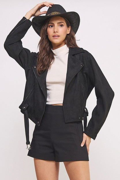BELTED LONG SLEEVE ZIPPERED SUEDE MOTO JACKET - Docias boutique