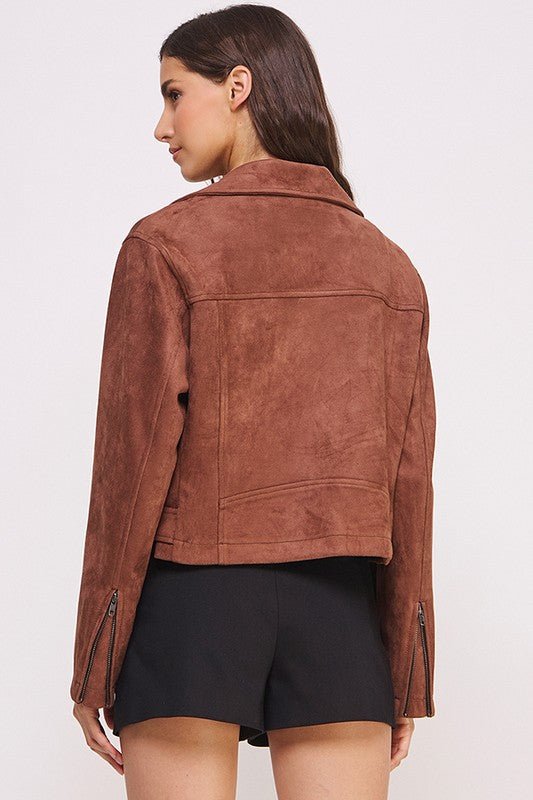 BELTED LONG SLEEVE ZIPPERED SUEDE MOTO JACKET - Docias boutique
