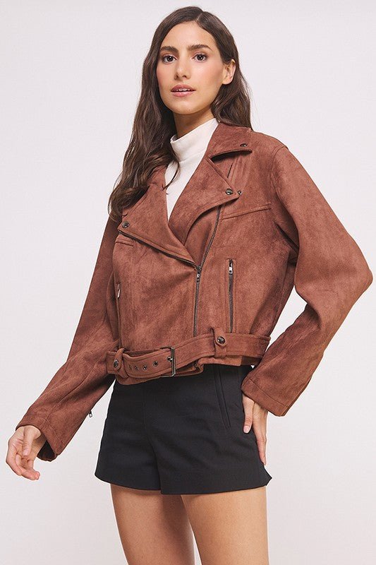 BELTED LONG SLEEVE ZIPPERED SUEDE MOTO JACKET - Docias boutique