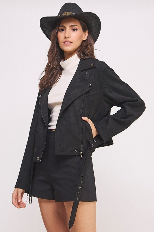 BELTED LONG SLEEVE ZIPPERED SUEDE MOTO JACKET - Docias boutique