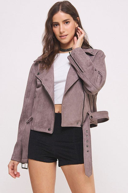 BELTED LONG SLEEVE ZIPPERED SUEDE MOTO JACKET - Docias boutique