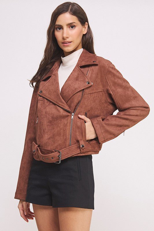 BELTED LONG SLEEVE ZIPPERED SUEDE MOTO JACKET - Docias boutique