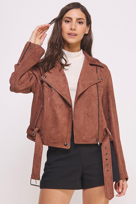 BELTED LONG SLEEVE ZIPPERED SUEDE MOTO JACKET - Docias boutique