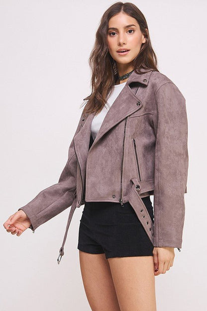 BELTED LONG SLEEVE ZIPPERED SUEDE MOTO JACKET - Docias boutique