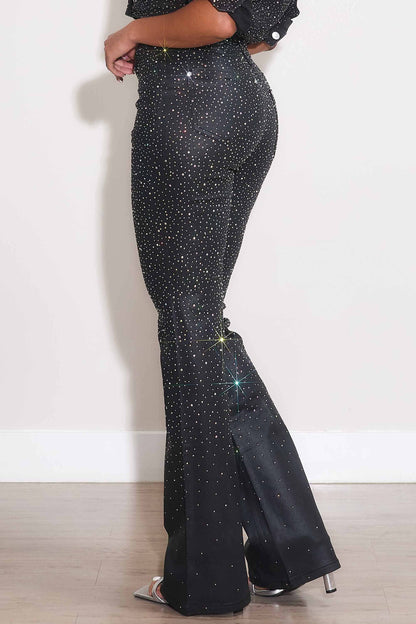 Iridescent Rhinestone Bootcut Coated Pants