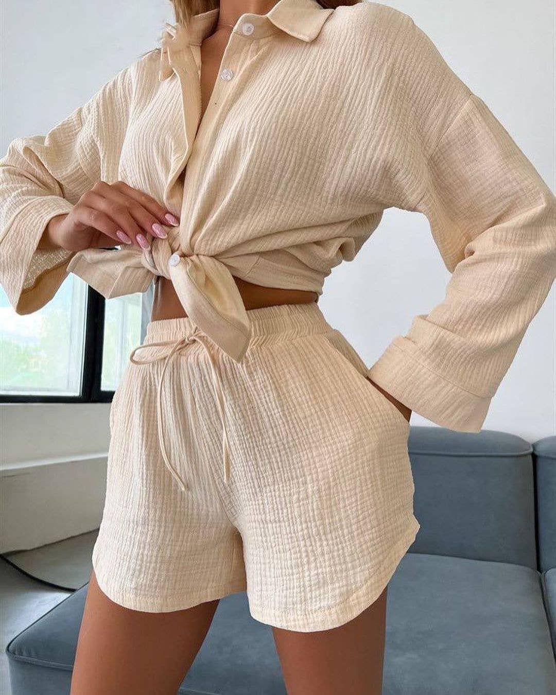 Ladies Solid Color Top and Shorts Daily Set
