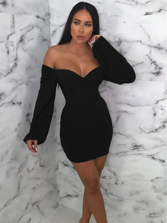 Meghan Black Slinky Balloon Sleeve Bardot Mini Dress - Docias boutique