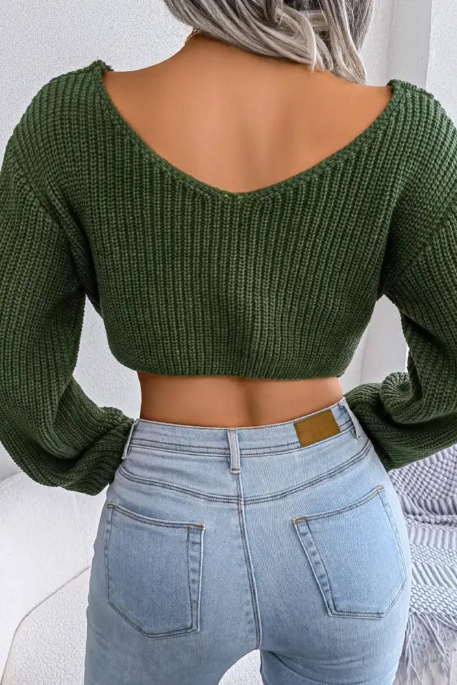 Plain V Neck Twisted Sweater Crop Top - Docias boutique