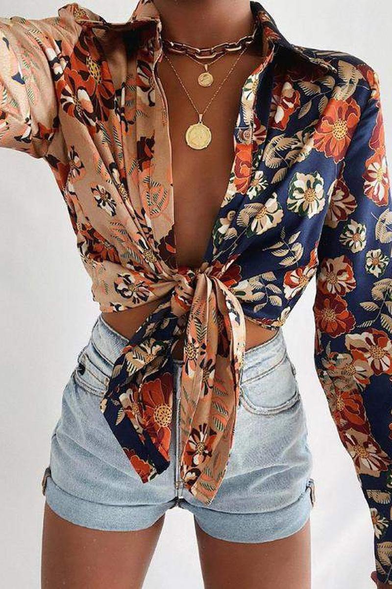 PRINT TIE FRONT LONG SLEEVE SHIRTVNECK PRINTED - Docias boutique