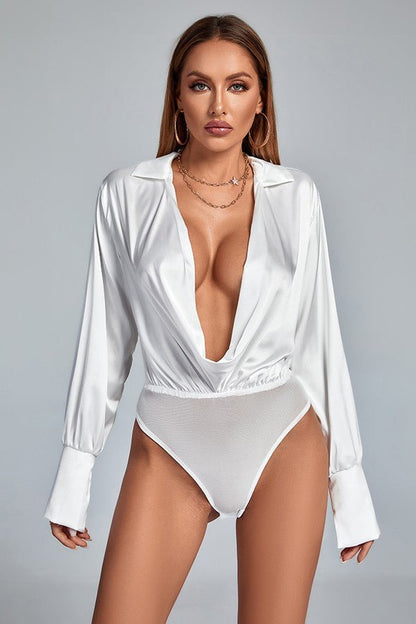 Satin Low Cut Bodysuit - Docias boutique