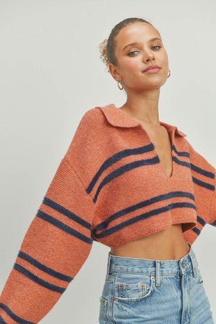 Strip Crop Collar Sweater Top - Docias boutique