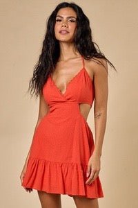 Swiss Dot Halter Cut Out Lace Up Back Mini Dress - Docias boutique