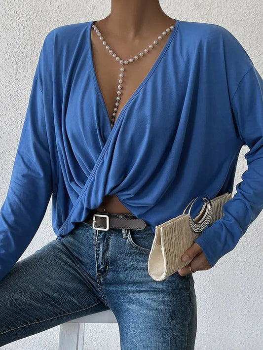 V Neck Long Sleeve Pleated Plain Top - Docias boutique
